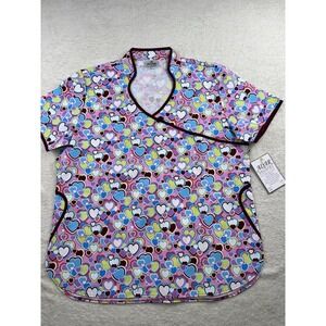 Adar Uniforms Women's Large Mock Wrap Scrub Top Multicolor Hearts Valentines Day